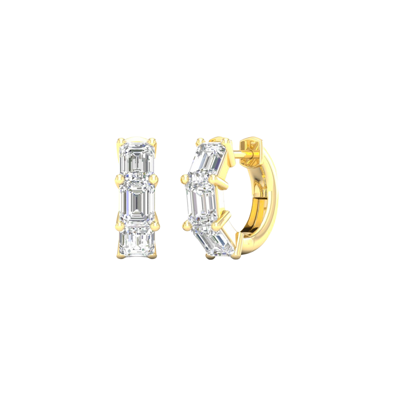 An angled view of a pair of 14K yellow gold huggie hoops, showcasing the linear design of the diamonds.
