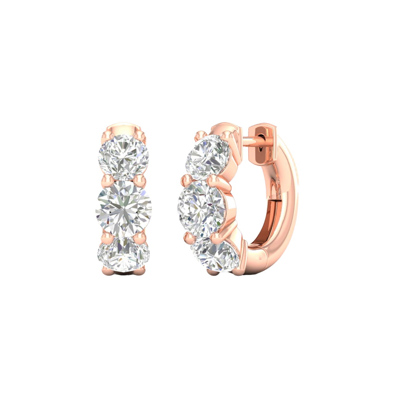 An angled view of a pair of 14K rose gold huggie hoops, highlighting the wide, double-row design.