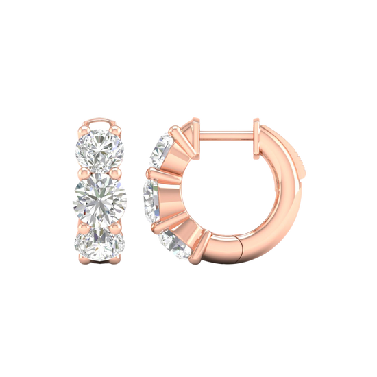 A front and side view of 14K rose gold huggie hoop earrings, highlighting their wide double-row style.