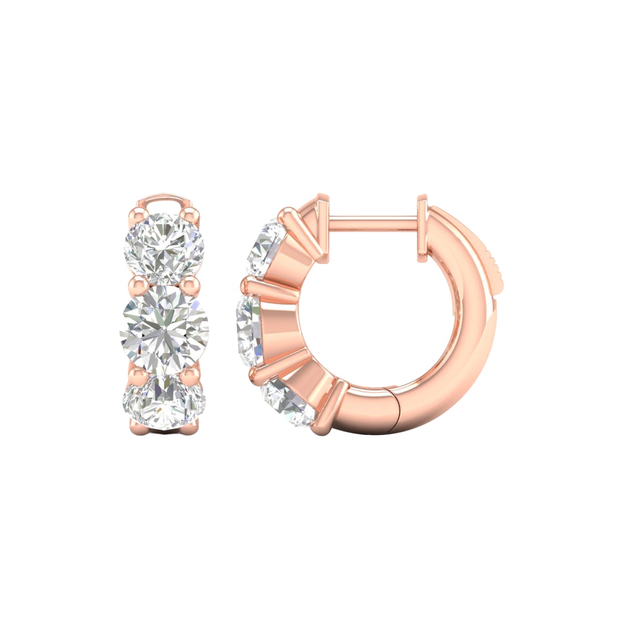A front and side view of 14K rose gold huggie hoop earrings, highlighting their wide double-row style.