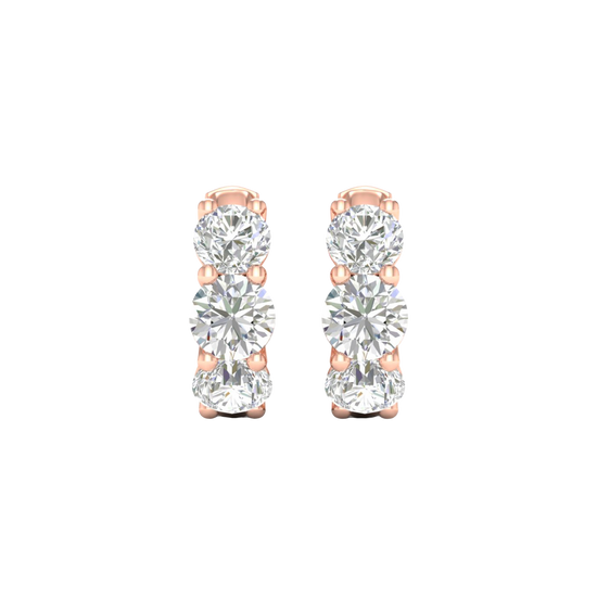 A pair of 14K rose gold huggie hoop earrings with two parallel rows of diamonds, shown from the front.