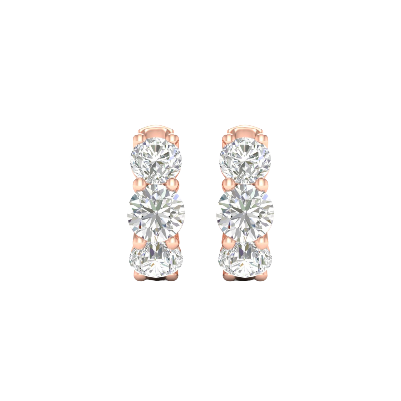 A pair of 14K rose gold huggie hoop earrings with two parallel rows of diamonds, shown from the front.