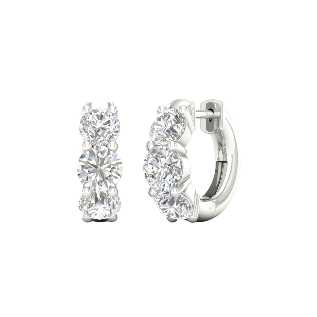 An angled view of a pair of 14K white gold huggie hoops, highlighting the wide, double-row design.