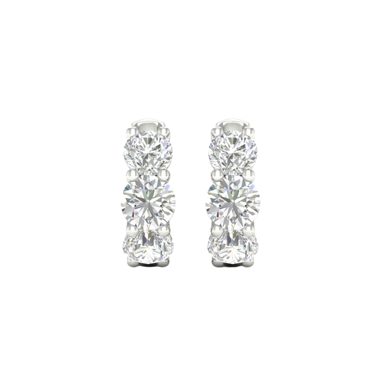 A pair of 14K white gold huggie hoop earrings with two parallel rows of diamonds, shown from the front.