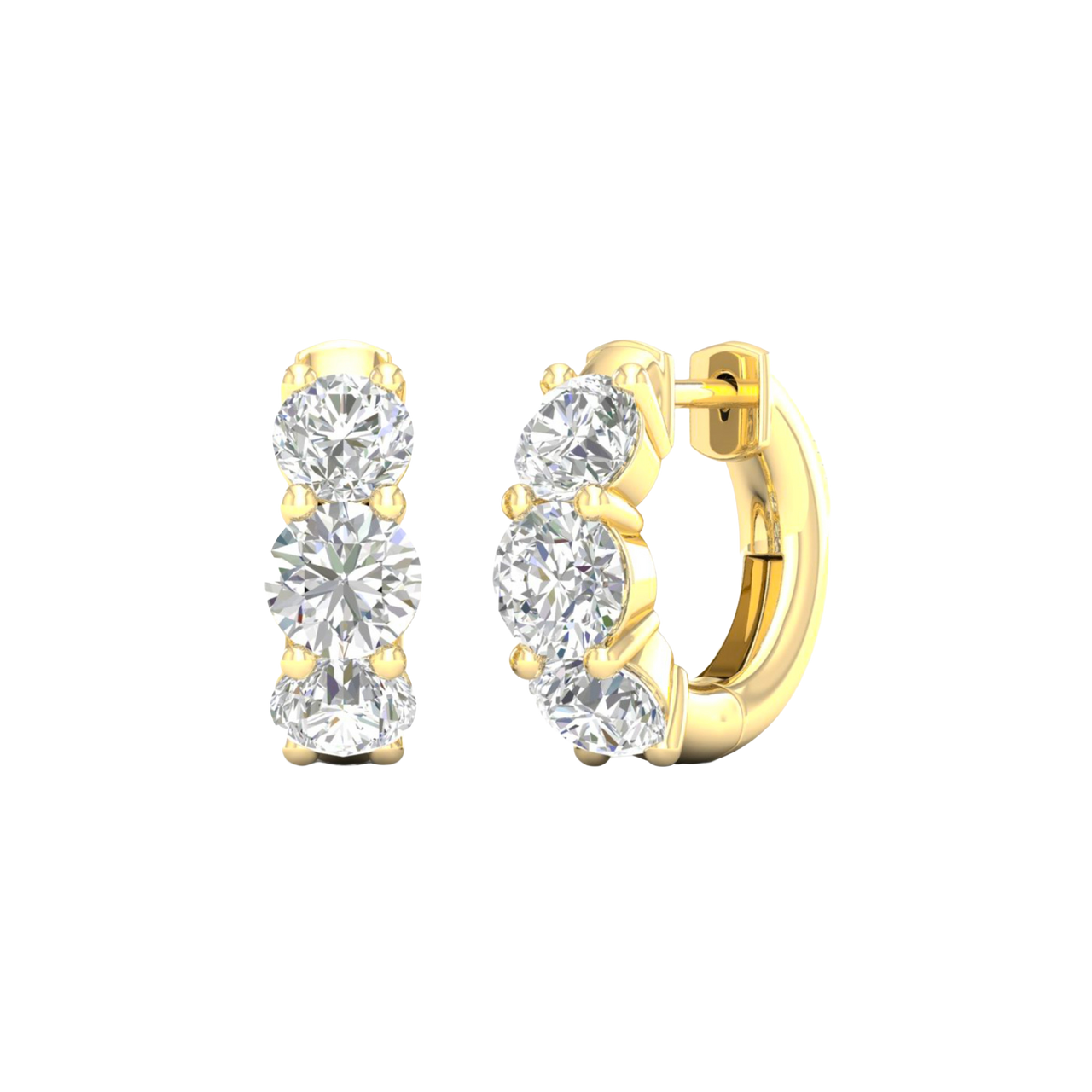 An angled view of a pair of 14K yellow gold huggie hoops, highlighting the wide, double-row design.