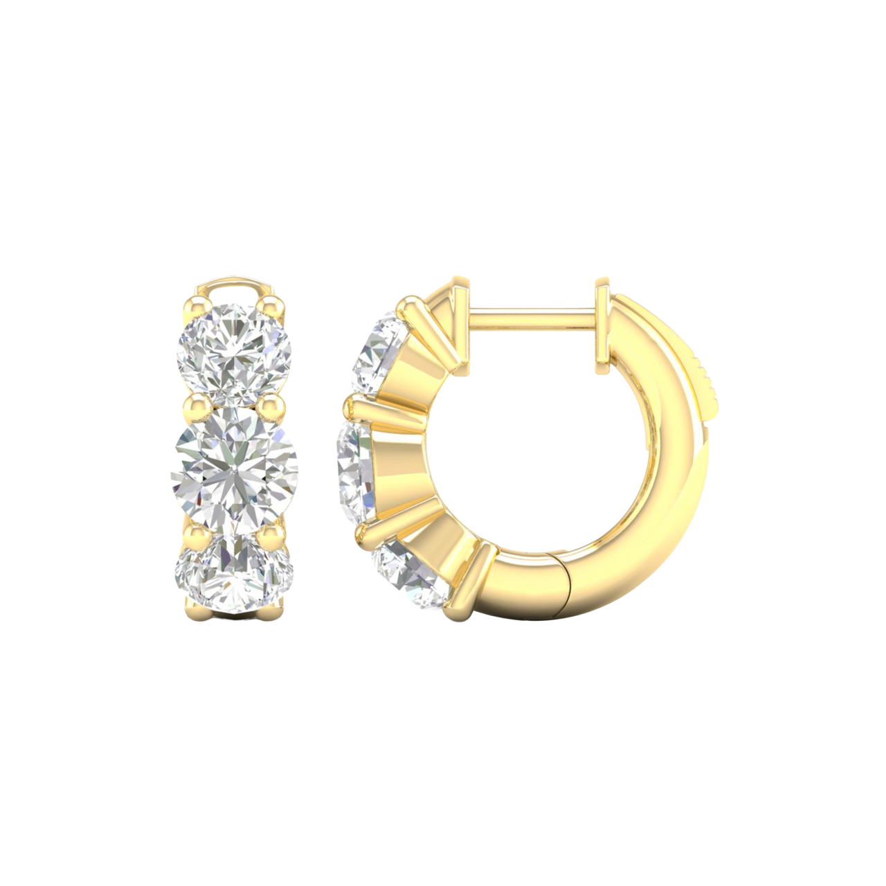A front and side view of 14K yellow gold huggie hoop earrings, highlighting their wide double-row style.