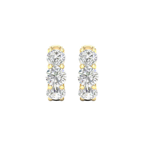A pair of 14K yellow gold huggie hoop earrings with two parallel rows of diamonds, shown from the front.