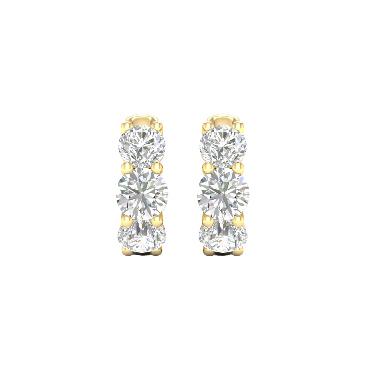 A pair of 14K yellow gold huggie hoop earrings with two parallel rows of diamonds, shown from the front.