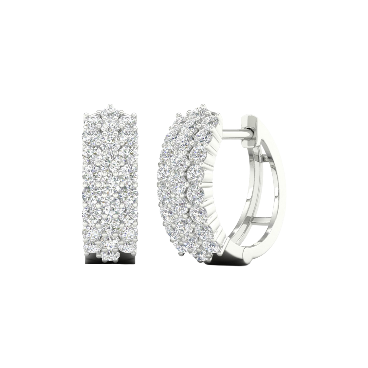 A profile view of a 14K white gold huggie hoop, highlighting the wide, triple-row design.