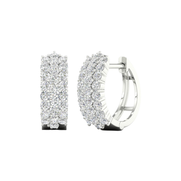 A profile view of a 14K white gold huggie hoop, highlighting the wide, triple-row design.