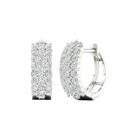 A profile view of a 14K white gold huggie hoop, highlighting the wide, triple-row design.