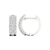 A front and side view of 14K white gold huggie hoops with triple parallel pavé diamond rows.