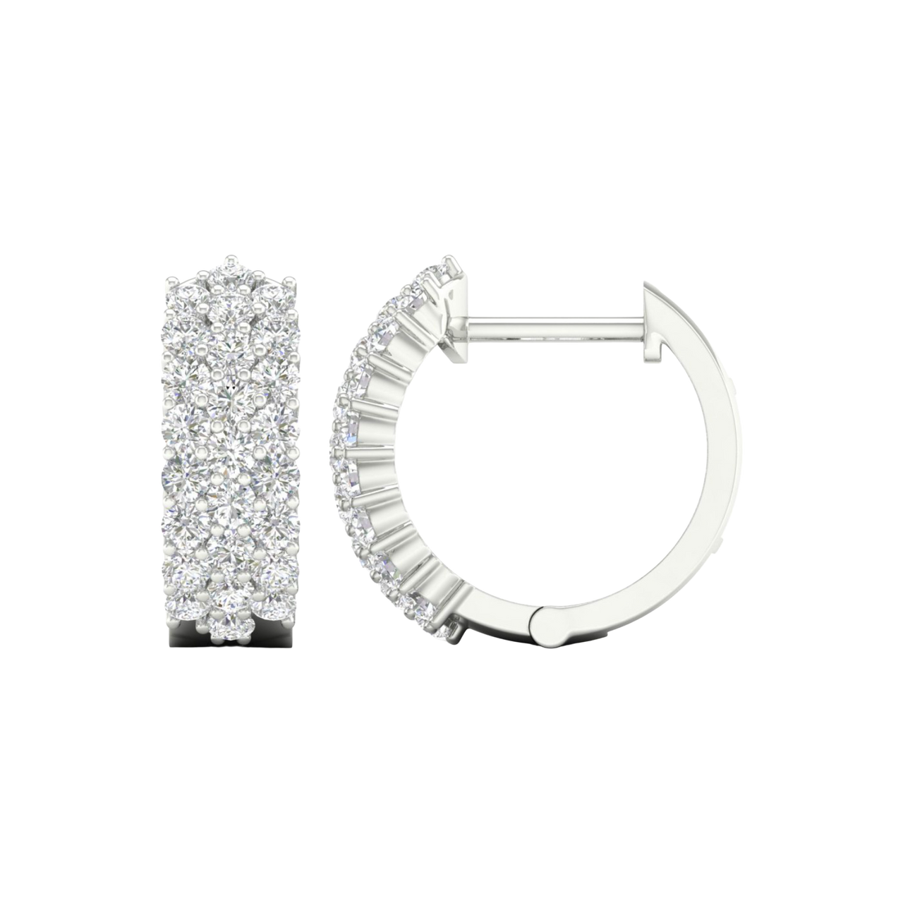 A front and side view of 14K white gold huggie hoops with triple parallel pavé diamond rows.
