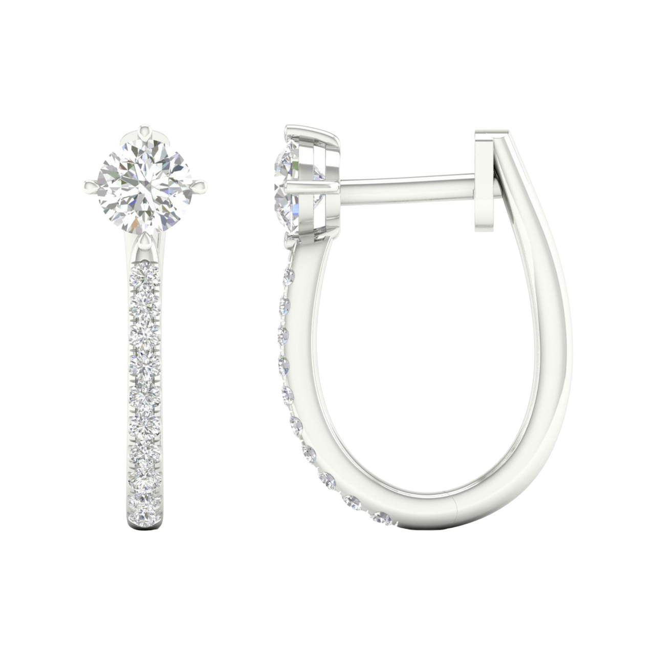 A profile view of a 14K white gold huggie hoop, showcasing the thin band and the drop design.