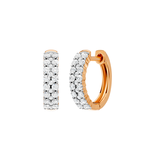 A front and side view of a 14K rose gold huggie hoop, highlighting its wide double-row style.