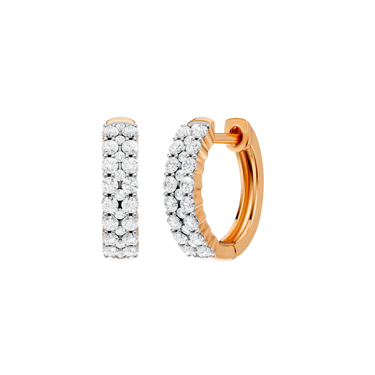 A front and side view of a 14K rose gold huggie hoop, highlighting its wide double-row style.