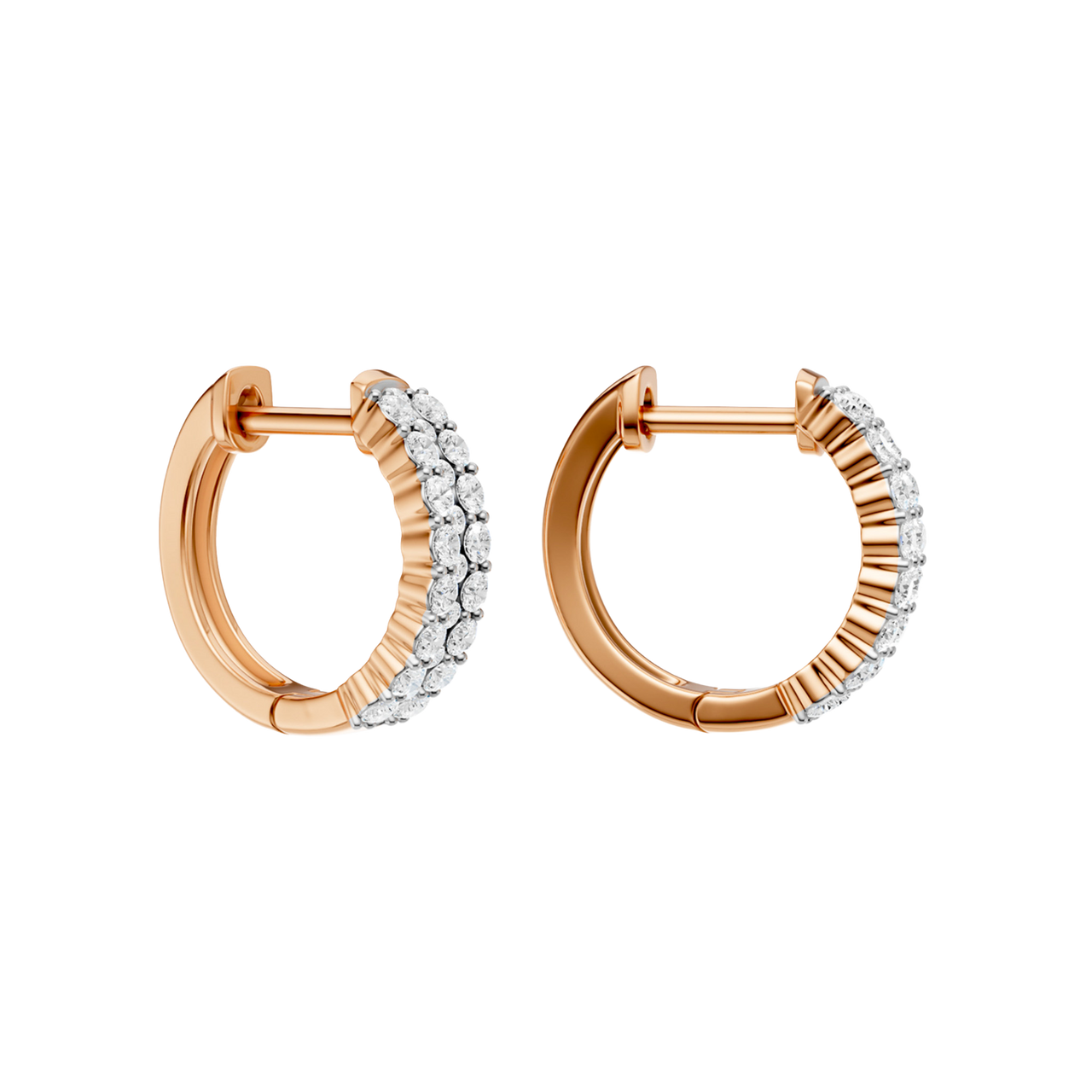 An angled view of a 14K rose gold huggie hoop highlighting its wide double-row style.