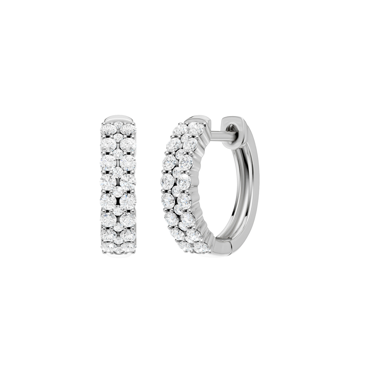 A front and side view of a 14K white gold huggie hoop highlighting its wide double-row style.