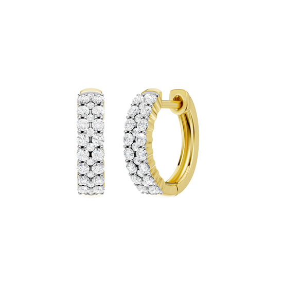 A front and side view of a 14K yellow gold huggie hoop highlighting its wide double-row style.