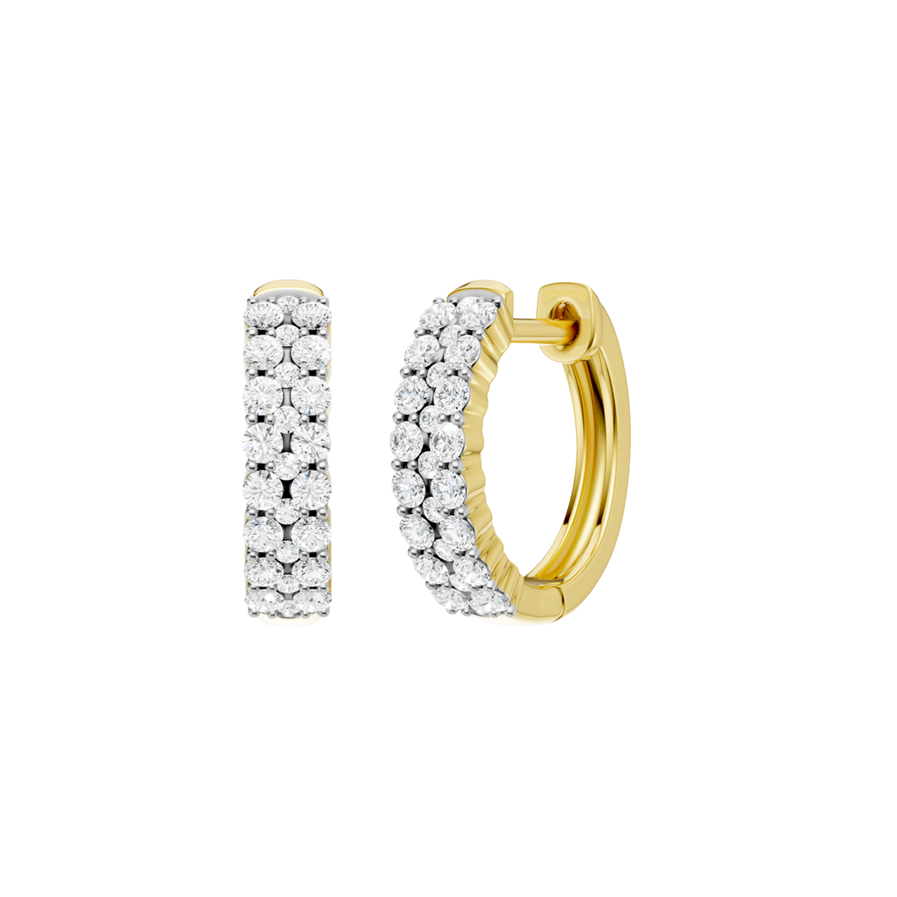 A front and side view of a 14K yellow gold huggie hoop highlighting its wide double-row style.