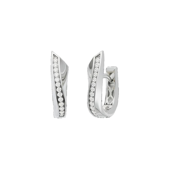 A front and angled view of a pair of 14K white gold huggie hoop earrings. The pavé diamonds are set in a diagonal line on the front surface, catching the light and