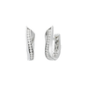 A front and angled view of a pair of 14K white gold huggie hoop earrings. The pavé diamonds are set in a diagonal line on the front surface, catching the light and