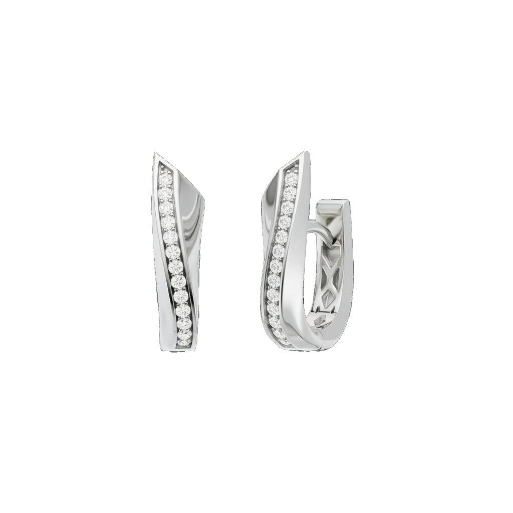A front and angled view of a pair of 14K white gold huggie hoop earrings. The pavé diamonds are set in a diagonal line on the front surface, catching the light and