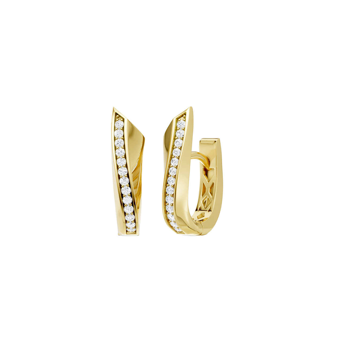 A front and angled view of a pair of 14K yellow gold huggie hoop earrings. The pavé diamonds are set in a diagonal line on the front surface, catching the light and highlighting the classic hoop shape.