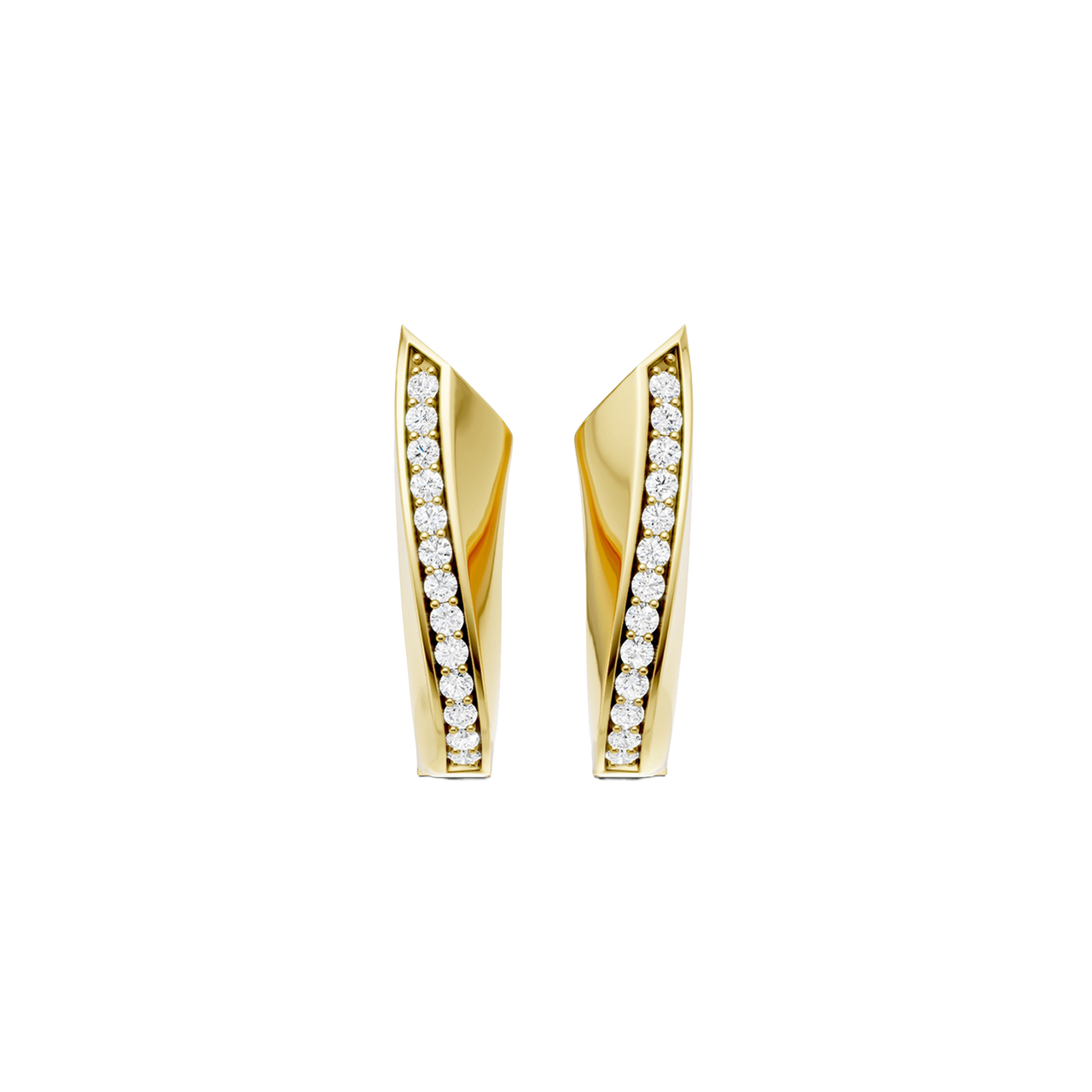 A pair of 14K yellow gold huggie hoops with a diagonal line of pavé diamonds, shown from the front.