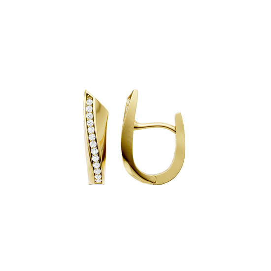 A front and side view of a 14K yellow gold huggie hoop earring. The diagonal line of pavé diamonds is clearly visible, showing the earring's profile and hugging fit.
