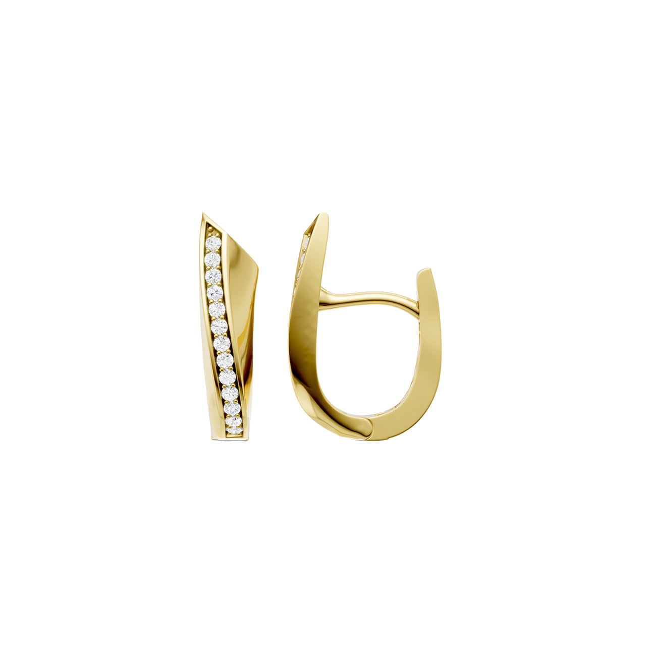 A front and side view of a 14K yellow gold huggie hoop earring. The diagonal line of pavé diamonds is clearly visible, showing the earring's profile and hugging fit.