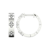 An angled view of a pair of 14K white gold huggie hoop earrings with a diamond floral design from the Amorati Collection. The hinge closure is visible.