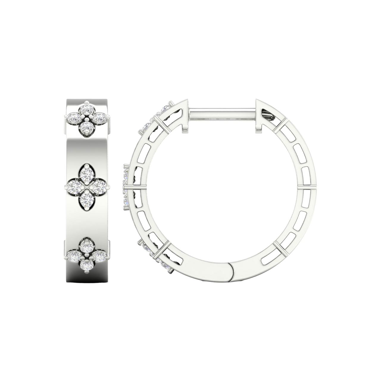 An angled view of a pair of 14K white gold huggie hoop earrings with a diamond floral design from the Amorati Collection. The hinge closure is visible.