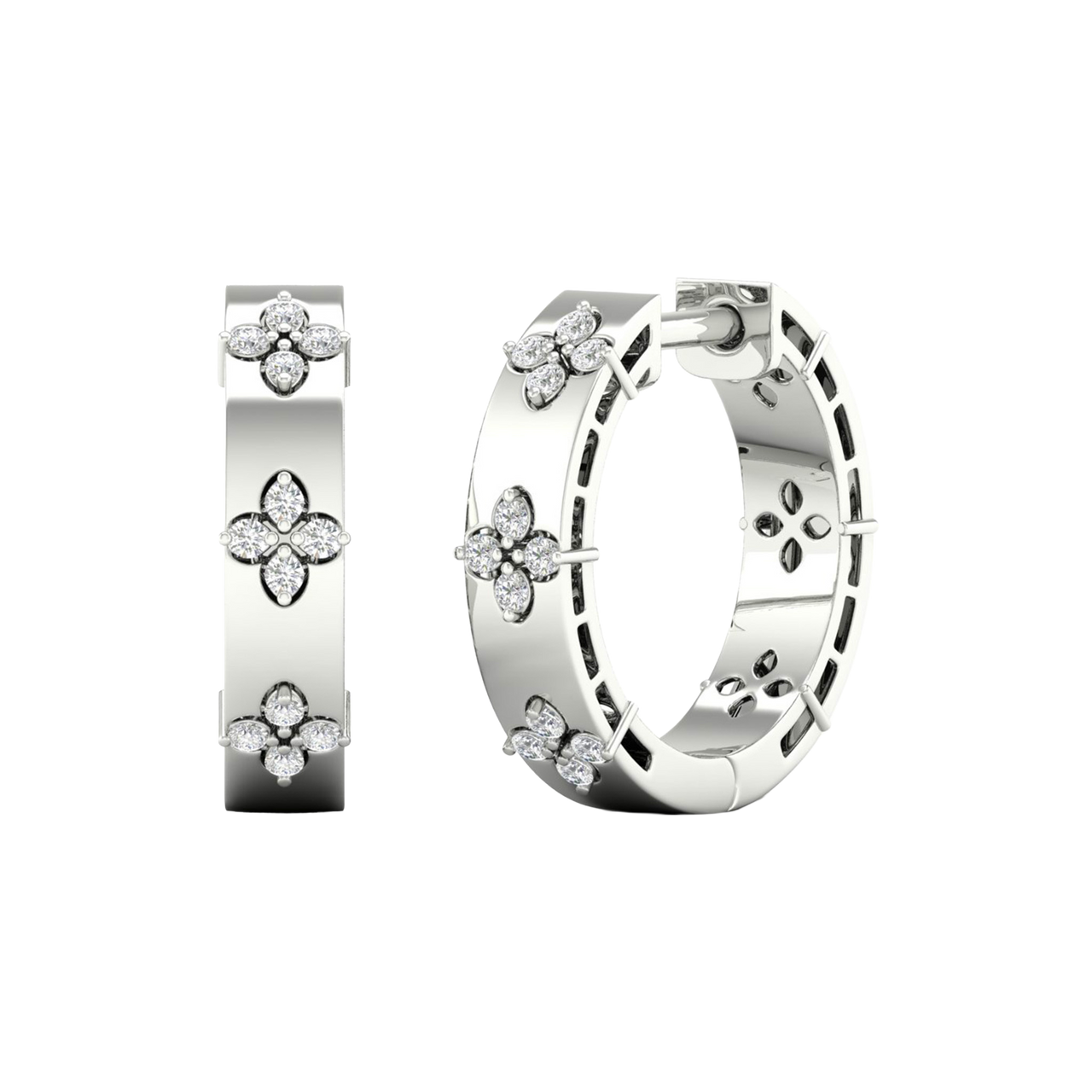 A pair of 14K white gold huggie hoop earrings with diamond clover accents from the Amorati Collection, displayed in both front and angled views to showcase the intricate design and thickness.