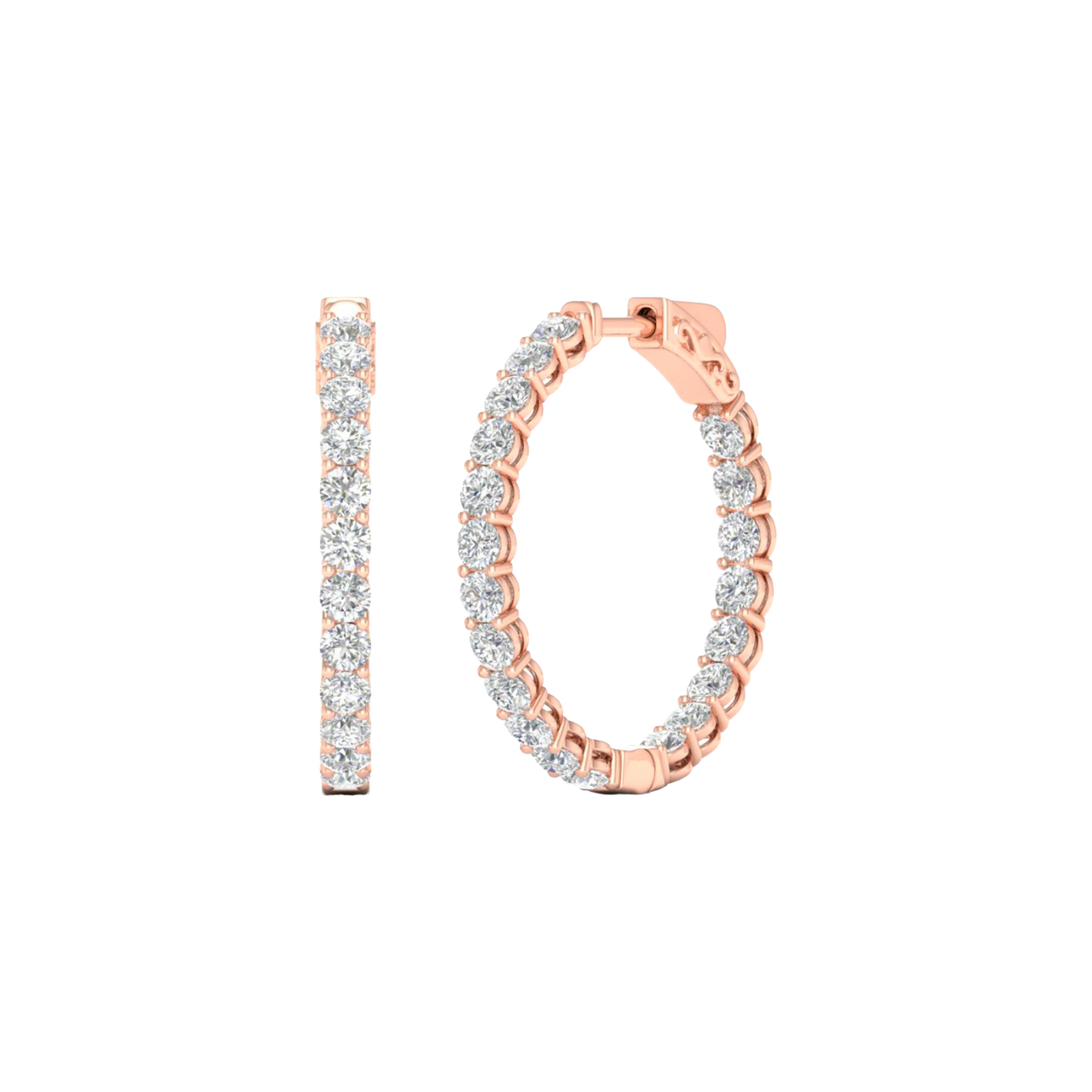 A close-up of a pair of 14K rose gold huggie hoop earrings with a continuous line of brilliant round-cut diamonds, shown on a black background to highlight their sparkle.