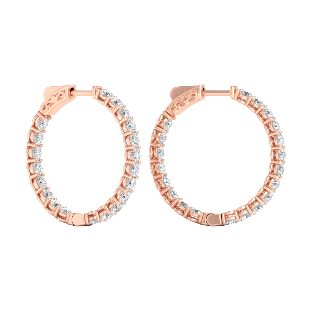 A profile view of 14K rose gold huggie hoop earrings, showing a continuous circle of brilliant, round-cut diamonds on the outer circumference.