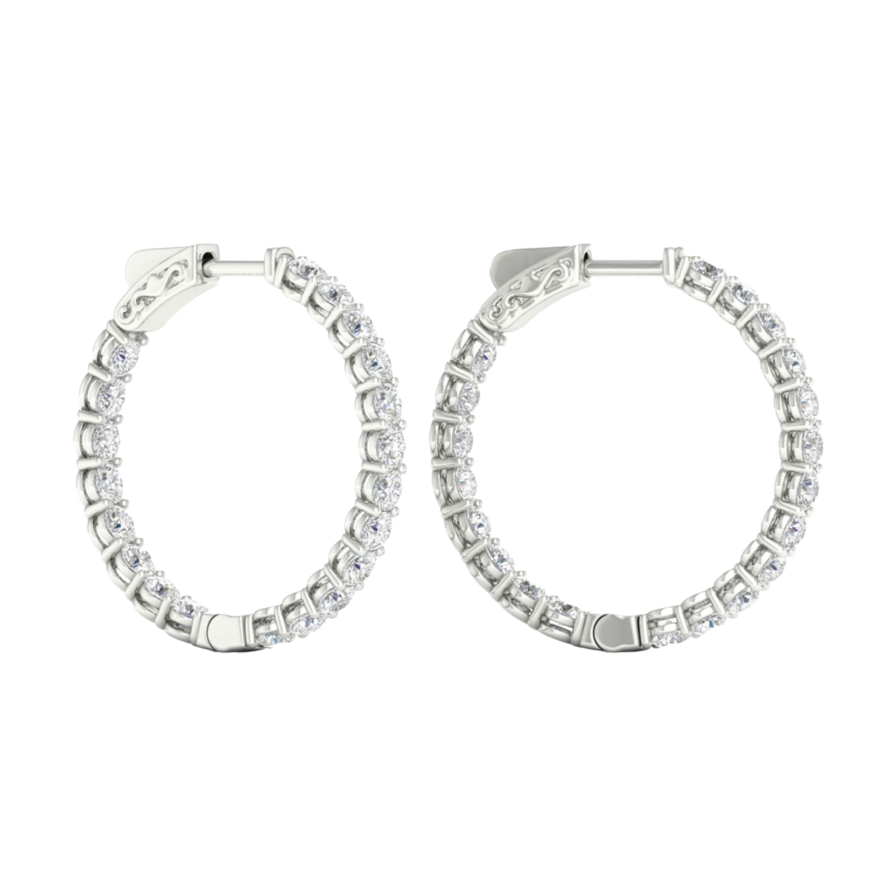 A profile view of 14K white gold huggie hoop earrings, showing a continuous circle of brilliant, round-cut diamonds on the outer circumference.