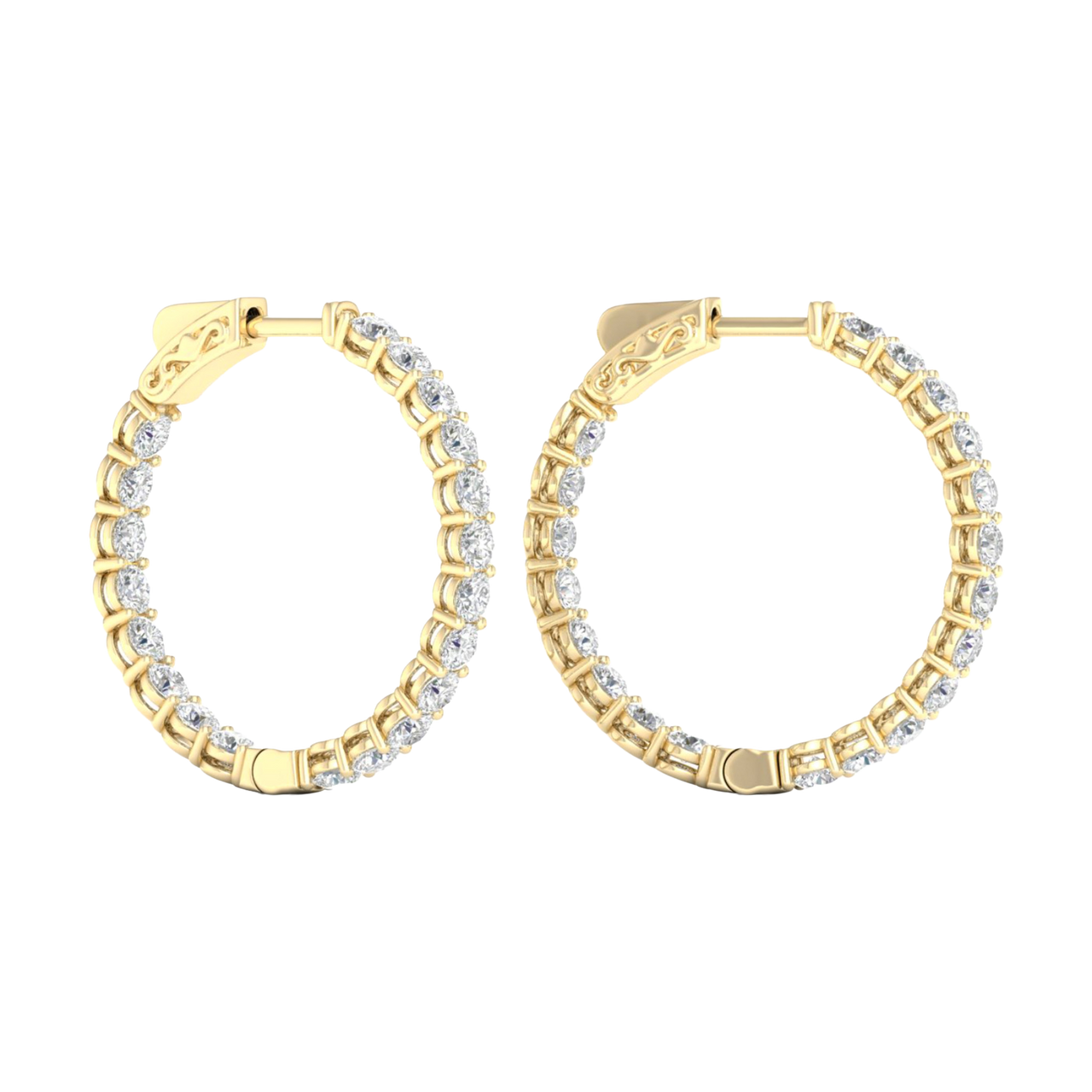 A profile view of 14K yellow gold huggie hoop earrings, showing a continuous circle of brilliant, round-cut diamonds on the outer circumference.
