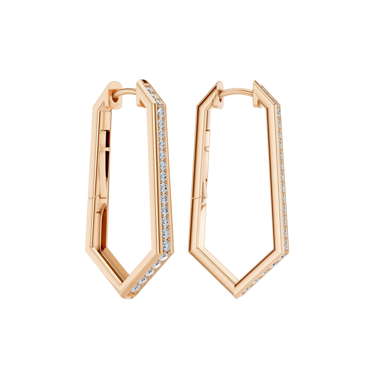 A side-angled view of a pair of 14K rose gold oval huggie hoops, showing the line of diamonds and the hinged closure.