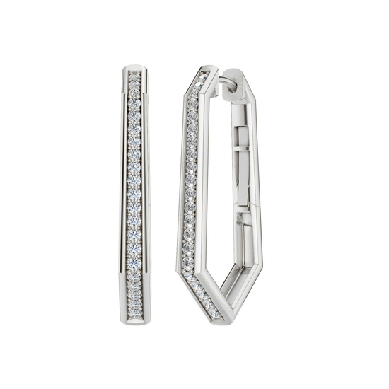 A front and angled view of a 14K white gold oval huggie hoop, showcasing the slim band and its continuous sparkle.