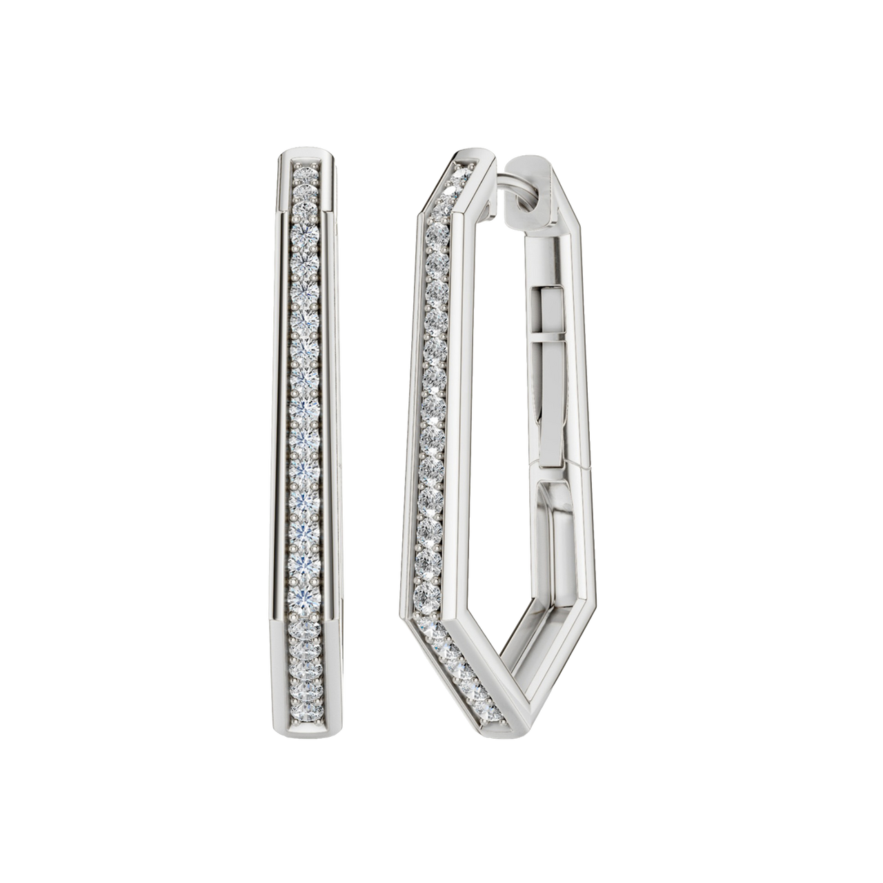 A front and angled view of a 14K white gold oval huggie hoop, showcasing the slim band and its continuous sparkle.