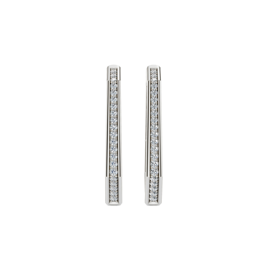 A pair of 14K white gold oval-shaped huggie hoops with a continuous line of pavé diamonds, shown from the front.