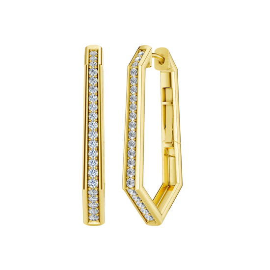 A front and angled view of a 14K yellow gold oval huggie hoop, showcasing the slim band and its continuous sparkle.