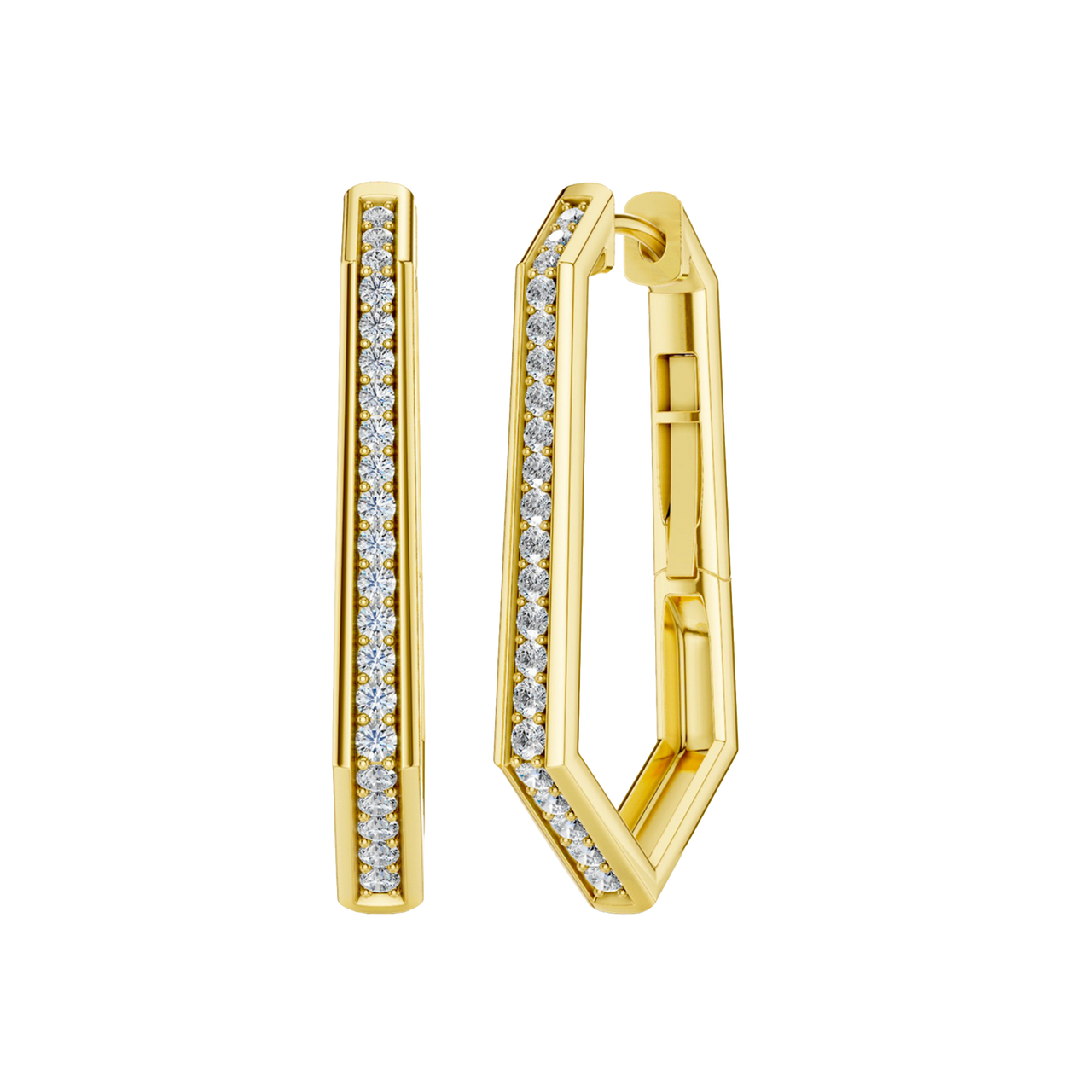 A front and angled view of a 14K yellow gold oval huggie hoop, showcasing the slim band and its continuous sparkle.