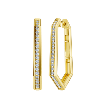 A front and angled view of a 14K yellow gold oval huggie hoop, showcasing the slim band and its continuous sparkle.