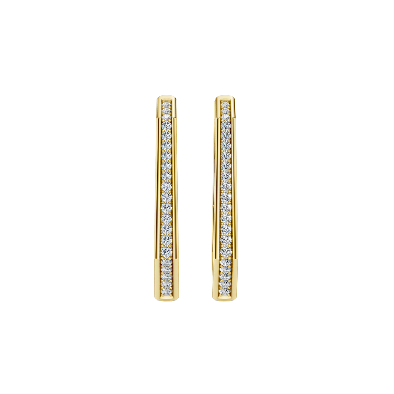A pair of 14K yellow gold oval-shaped huggie hoops with a continuous line of pavé diamonds, shown from the front.