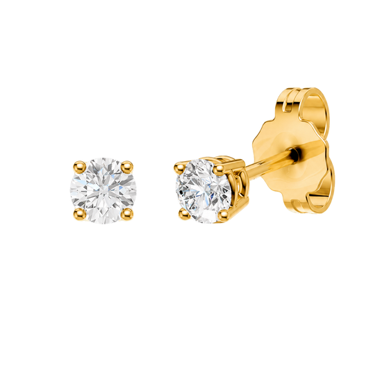 Angled view in yellow 14K gold of Amorati Diamonds 1.0 cttw bold power round diamond stud earrings highlighting diamond brilliance, prong detail, and polished metal finish.