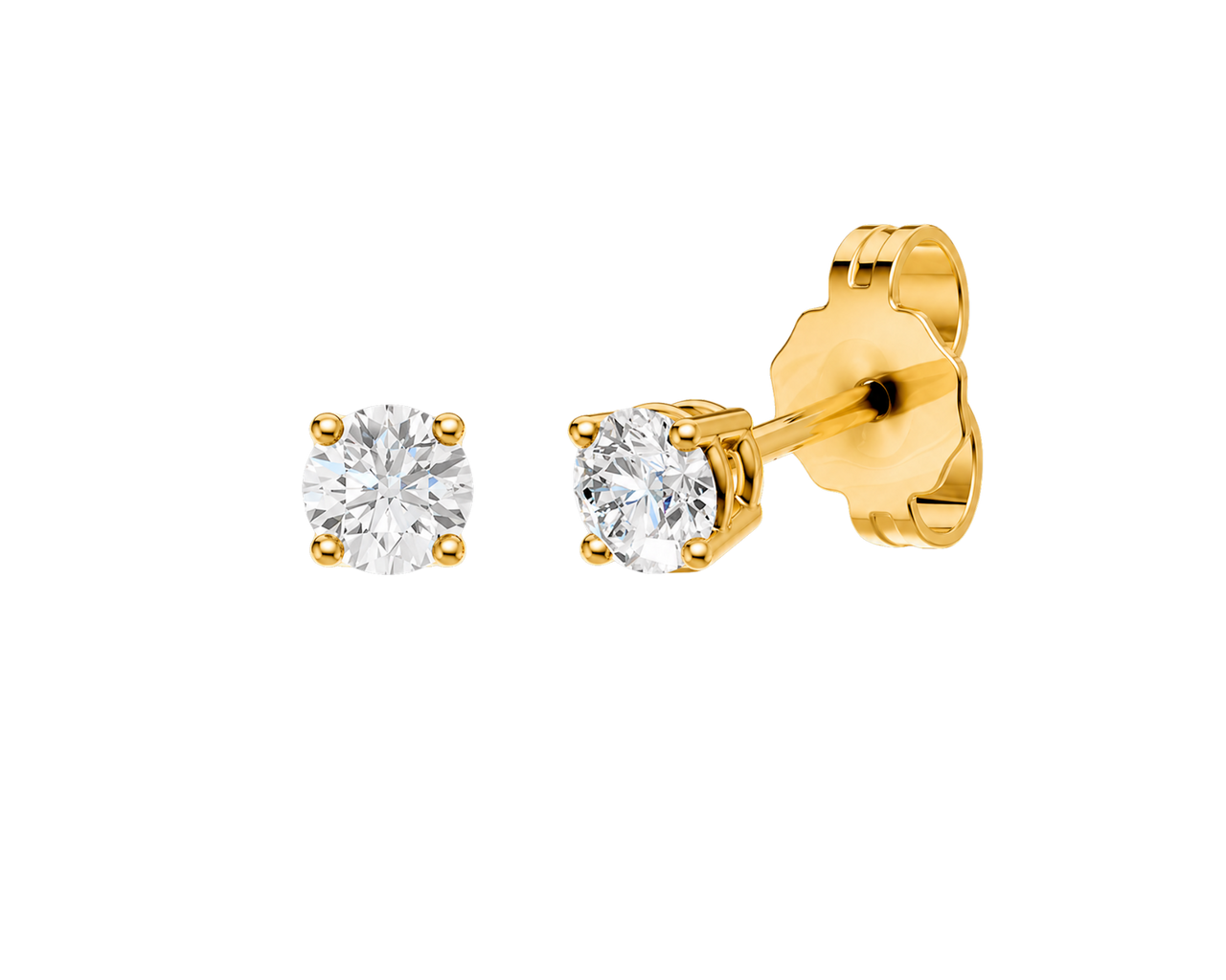 Angled view in yellow 14K gold of Amorati Diamonds 1.0 cttw bold power round diamond stud earrings highlighting diamond brilliance, prong detail, and polished metal finish.