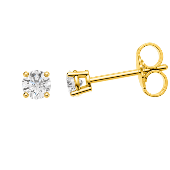 Side view in yellow 14K gold of Amorati Diamonds 1.0 cttw bold power round diamond stud earrings highlighting diamond brilliance, prong detail, and polished metal finish.