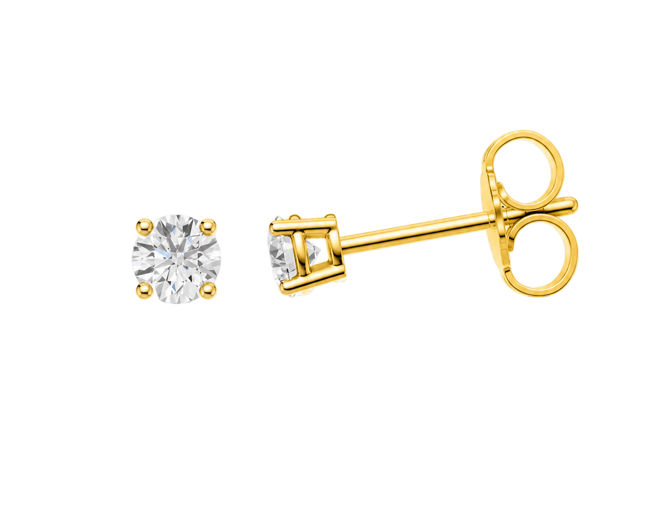 Side view in yellow 14K gold of Amorati Diamonds 1.0 cttw bold power round diamond stud earrings highlighting diamond brilliance, prong detail, and polished metal finish.